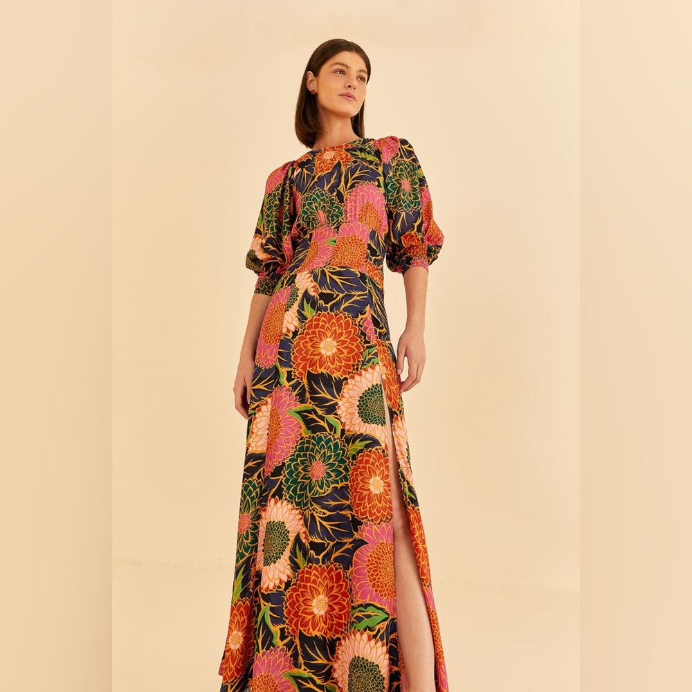 Farm Rio Multicolor Vintage Garden Puff Sleeve Maxi Dress
